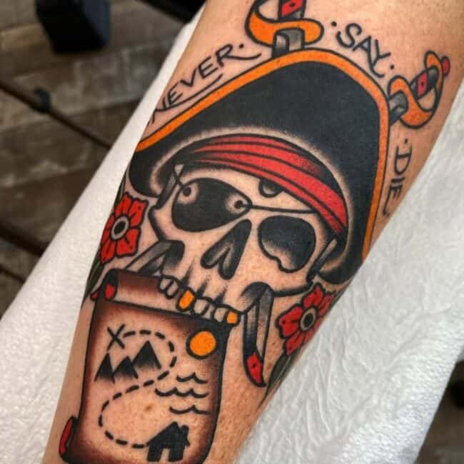Colour Traditional Pirate Skull Treasure Map Black Eye Teeth Pirate Cap Sword Red Flower Forearm Tattoo