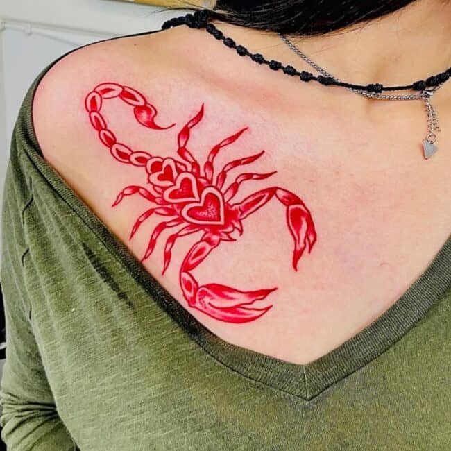 Colour Red Full Body Scorpion Tattoo with Heart Shapes Shoulder Tattoo