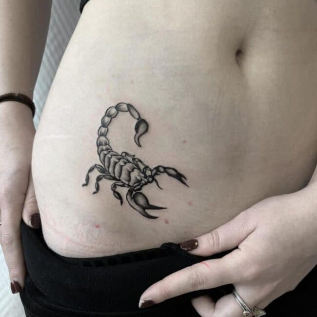 Fine Line Black and Grey Full Body Scorpion Pincers Stinger Legs Abdomen Waist Tattoo