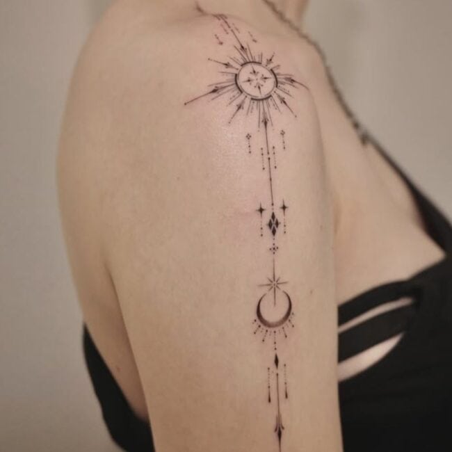Fine Line Geometric Sun Stars and Moon Detailed Long Geometric Arm Tattoo