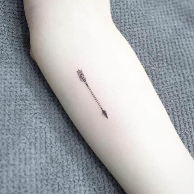 Fine Line Minimalist Detailed Arrow Arrowhead Shaft Fletching Forearm Tattoo