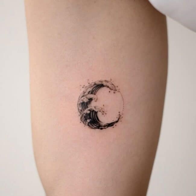 Fine Line Minimalist Detailed Single Wave Making Circle Shape Arm Tattoo