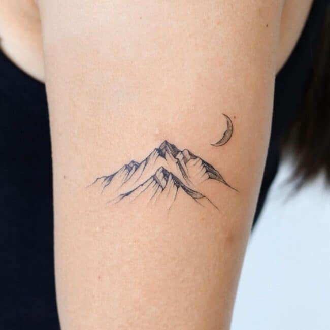 Fine Line Minimalist Mountain and Moon Arm Tattoo