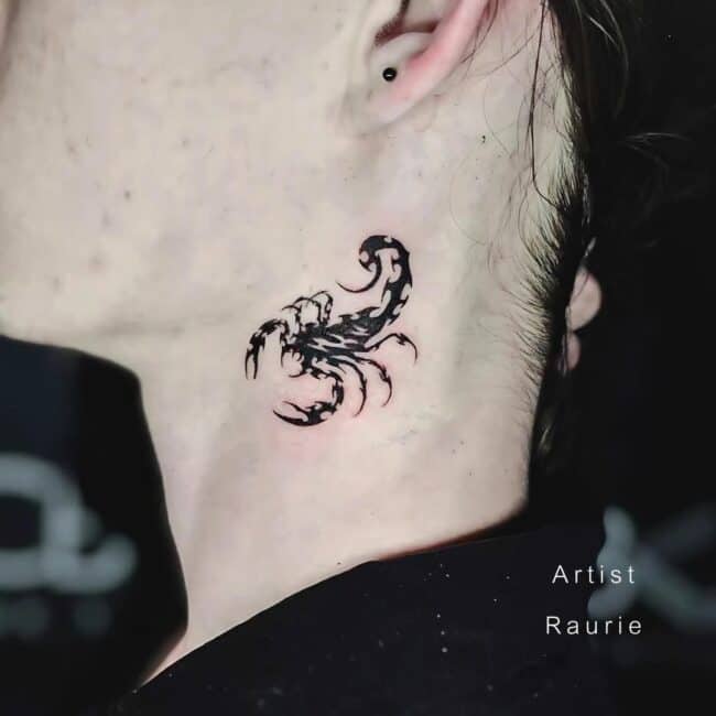 Raurie Tattoo Artist Blackwork Full Body Scorpion Made Out of Sharp Abstract Elements Neck Tattoo