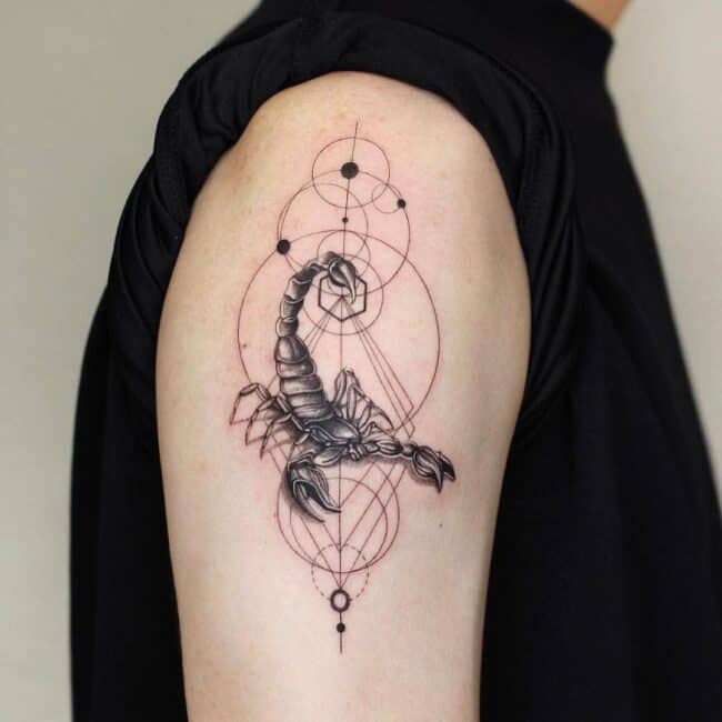 Realism Geometric Black and Grey Full Body Scorpion with Geometric Elements Circles and Diamond Shapes Shoulder Arm Tattoo