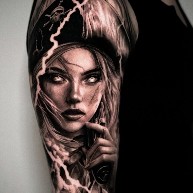 Realism Woman Pirate Tattoo Artist Colour Detailed Glowing Eye Scar Pirate Hat Skull Pistol Thunderstorm Lightning Intricate Hair Shoulder Arm Sleeve Tattoo