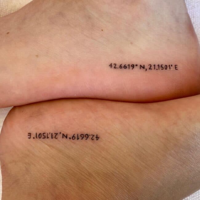 Script Lettering Minimalist Coordinates Two Feet Matching Tattoos