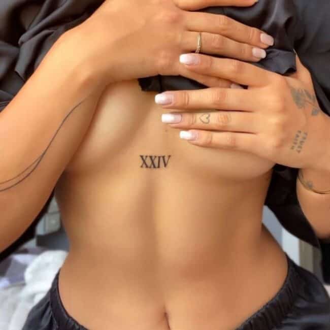 Script Lettering XXIV Roman Numerals Sternum Tattoo