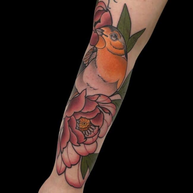 Tattoo Artist Rhys Sharp Animal Neo Traditional Tattoo Bird Flower Forearm Tattoo