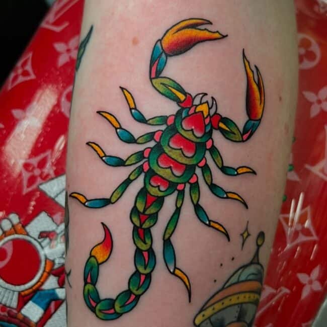 Traditional Colour Full Body Detailed Scorpion Green Yellow Red Orange Forearm Tattoo