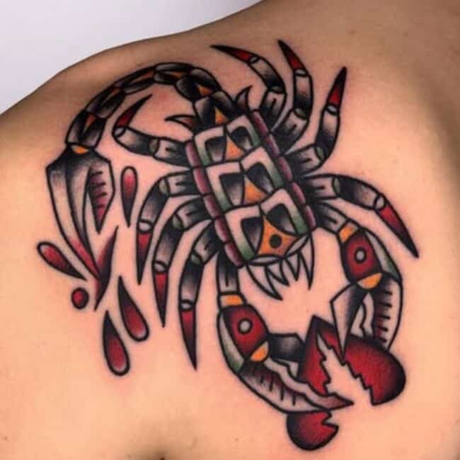 Traditional Full Body Scorpion Broken Heart Sharp Blooded Stinger Shoulder Back Tattoo