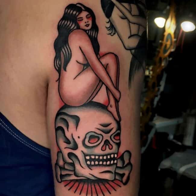 Traditional Temptress Woman Skull Sailor Themed Bold Lines Vibrant Colours Arm Tattoo