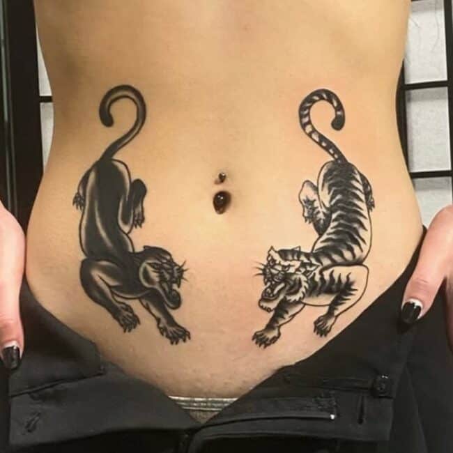 Black and Grey Blackwork Realism Whole Body Panther Tiger Detailed Whiskers Sharp Tooth Fierce Eye Ears Claws Tail Belly Ribs Tattoo