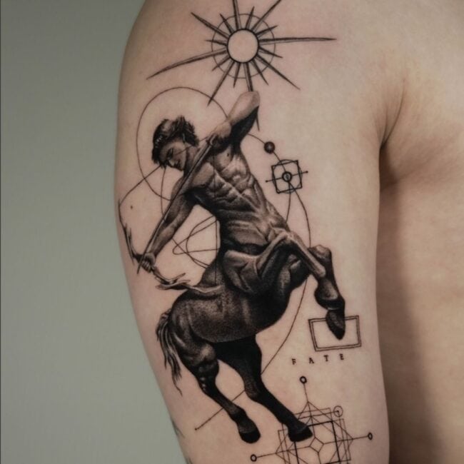 Black and Grey Realism Fine Line Geometric Centaur Archer Zodiac Sign Bow Drawn Arrow Aimed Arm Tattoo