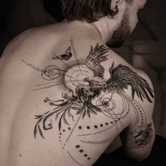 Black and Grey Fine Line Geometric Whole Body Phoenix Butterfly Dots Pointed Beak Eye Crest Wings Tail Sharp Talons Nails Feather Arm Back Tattoo