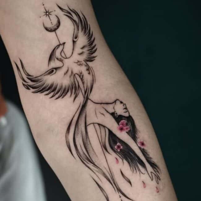 Black and Grey Fine Line Half Body Phoenix Human Spread Wings Leg Moon Phases Stars Flowers Diamond Pointed Beak Glowing Detailed Human Hair Hand Eye Nose Lip Arm Forearm Tattoo