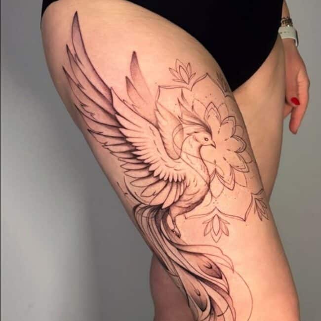 Black and Grey Fine Line Mandala Whole Body Phoenix Pointed Beak Eye Crest Leg Detailed Wings Feathers Leg Calf Tattoo