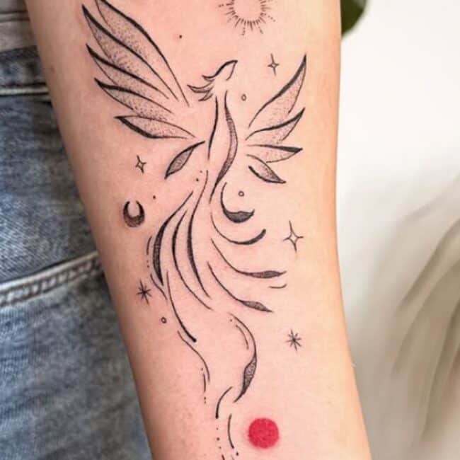 Black and Grey Minimalist Fine Line Whole Body Phoenix Pointed Beak Crest Wings Tail Stars Half Moon Sun Diamonds Dots Forearm Tattoo