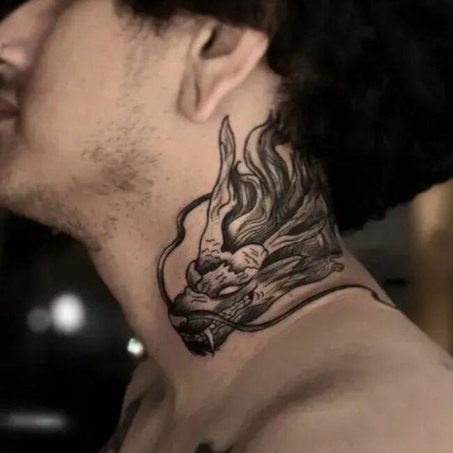 Black and Grey Traditional Fine Line Head of Dragon Sharp Teeth Horns Scales Whiskers Fierce Eyes Neck Tattoo