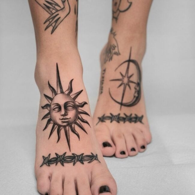 Black and Grey Fine Line Traditional Sun Moon Face Star Barbwire Sharp Curve Shards Foot Tattoo Both Feet