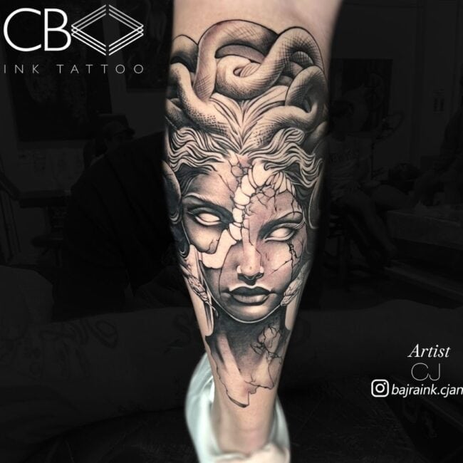 CJ Tattoo Artist Black and Grey Realism Portrait Detailed Medusa White Eye Broken Face Lined with Venom Fierce Snake Hair Leg Calf Tattoo