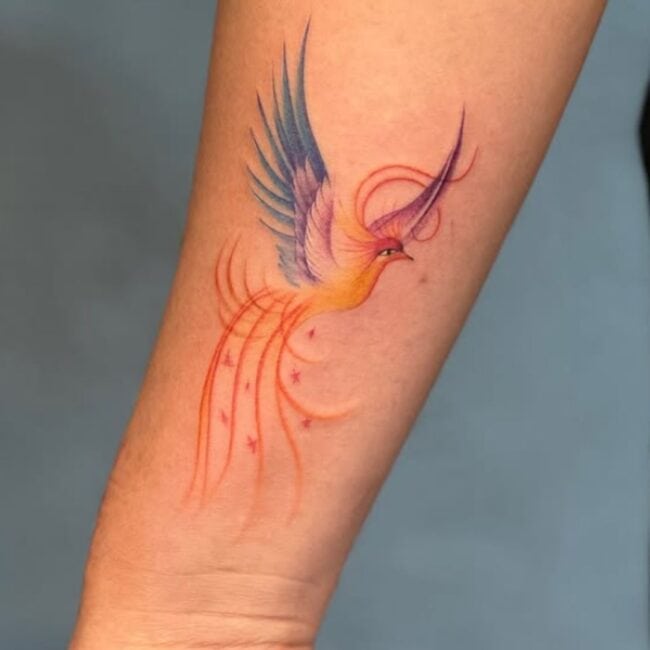 Colour Minimalist Whole Body Phoenix Pointed Beak Eye Crest Wings Feathers Stars Forearm Tattoo