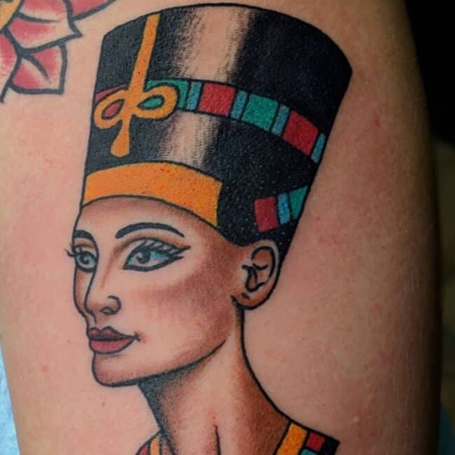 Colour Neo Traditional Realism Fineline Nefertiti Portrait Ancient Egyptian Symbol Detailed Eye Nose Lips Crown Ancient Ornate Collar Forearm Tattoo