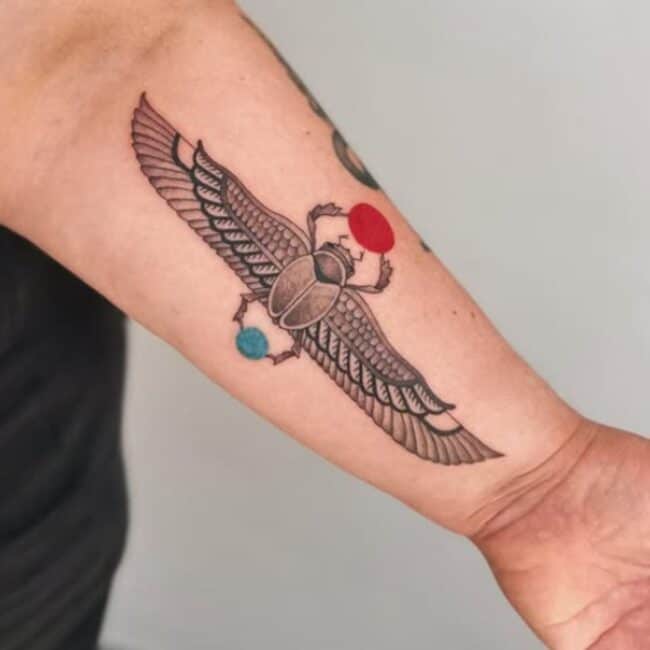 Colour Neo Traditional Realism Full Body Scarab Beetles Red Disc Blue Sphere Ancient Egyptian Symbol Detailed Wings Labrum Antenna Elytron Claws Elbow Forearm Tattoo