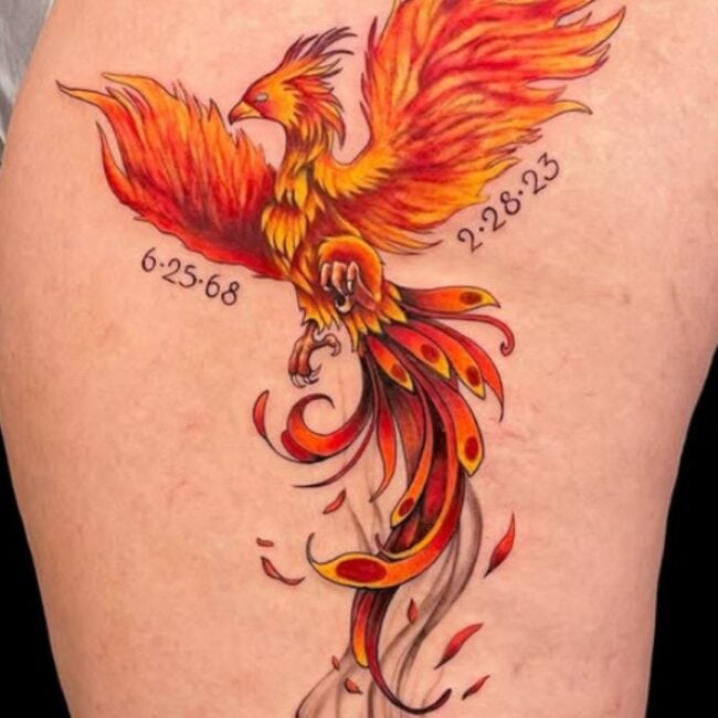 Colour Realism Script Lettering Whole Body Phoenix Pointed Beak Eye Crest Outstretched Wings Tail Sharp Talons Nails Feather Ashes Shoulder Arm Tattoo