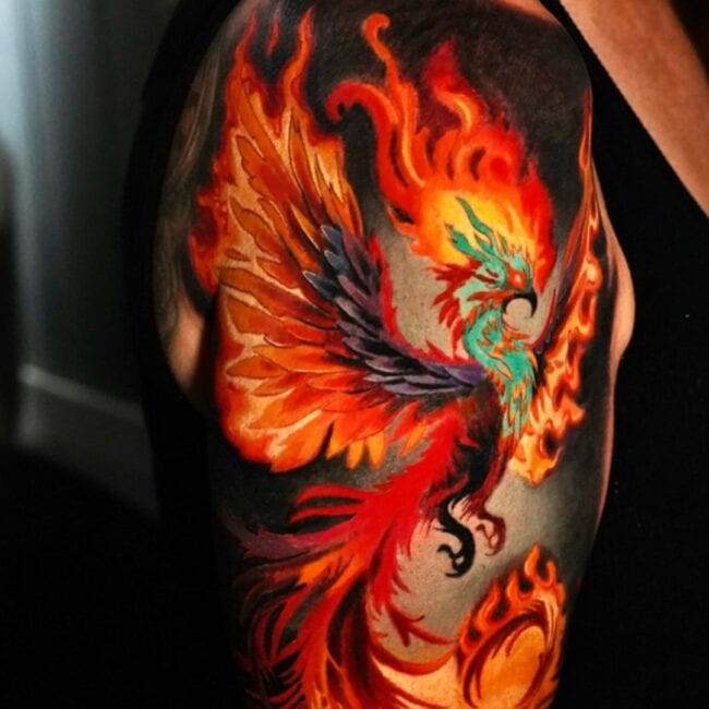 Colour Realism Whole Body Glowing Phoenix Pointed Beak Eye Crest Wings Tail Sharp Talons Nails Detailed Flames Big Arm Sleeve Tattoo