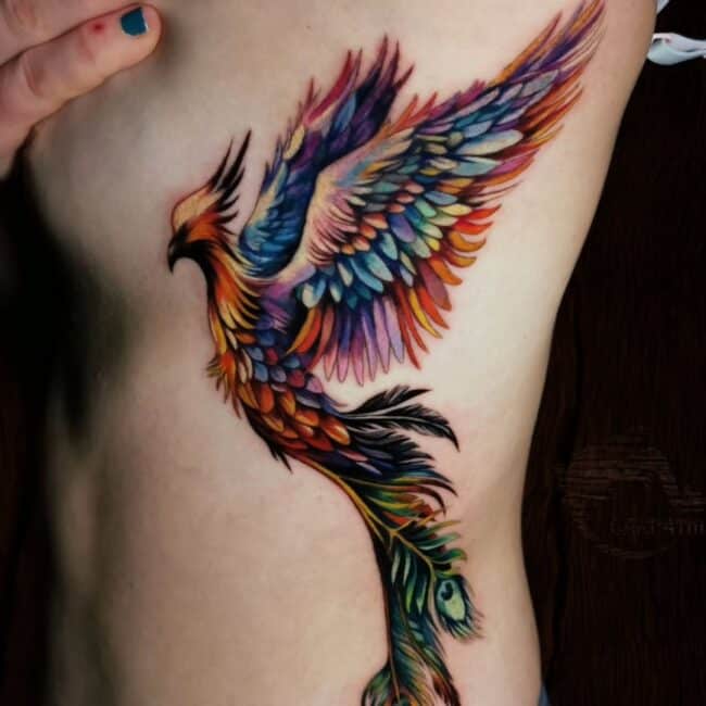 Colour Watercolour Neo Traditional Whole Body Phoenix Pointed Beak Eye Crest Wings Tail Sharp Talons Nails Feathers Side Torso Rib Waist Tattoo