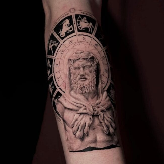 Black and Grey Realism Geometric Hercules Lion Pelt Zodiac Sign Wheel Mustache Beard Sharp Eye Forearm Tattoo