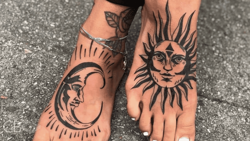 Black and Grey Neo Traditional Sun Moon Face Foot Tattoo Design Blog Article Image Cover