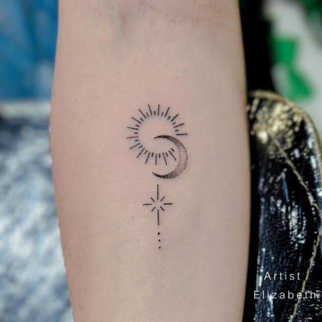 Elizabeth Tattoo Artist Black and Grey Minimalist Fine Line Sun Half Moon Stars Dots Elements Forearm Tattoo
