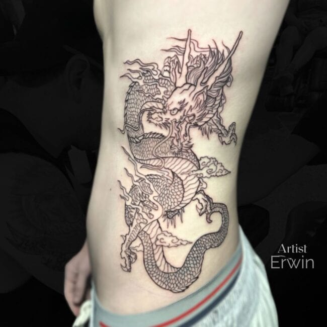 Erwin Tattoo Artist Realism Black and Grey Detailed Dragon Tail Horn Eye Spade Foot Claw Belly Elbow Side Belly Ribs Tattoo