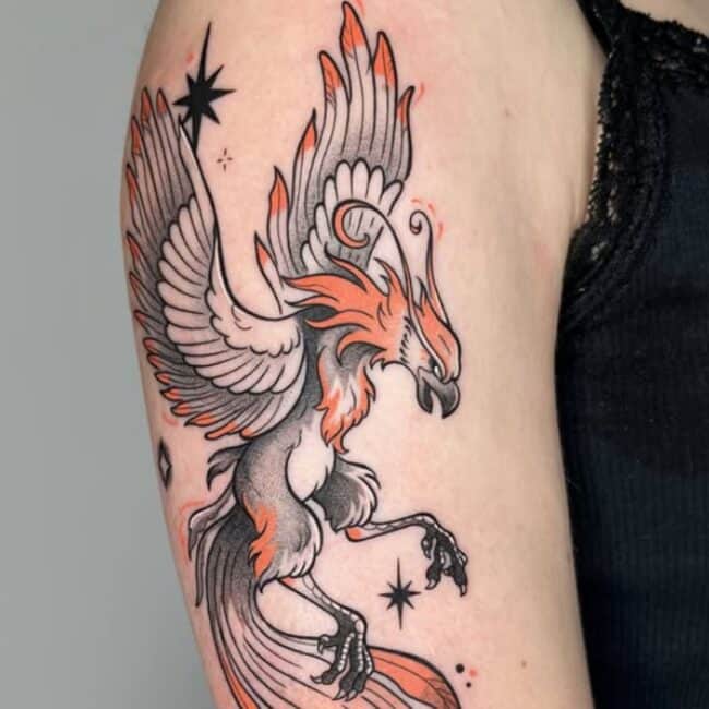 Fine Line Realism Colour Whole Body Phoenix Pointed Beak Glowing Eye Crest Wings Tail Sharp Talons Nails Diamonds Stars Dots Leg Feet Shoulder Arm Tattoo