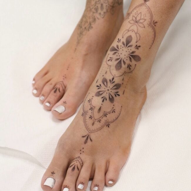Mandala Fine Line Floral Foot Petals Dots Leaves Curves Flowers Foot Tattoo Both Feet