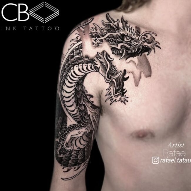 Rafael Tattoo Artist Realism Black and Grey Blackwork Full Body Dragon Sharp Claws Paws Teeth Horns Detailed Belly Eyes Nose Scales Breathing Flames Arm Shoulder Tattoo