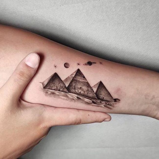 Realism Black and Grey Pyramids Planets Stars Saturn Desert Fine Sands Sharp Edges Apex Forearm Tattoo