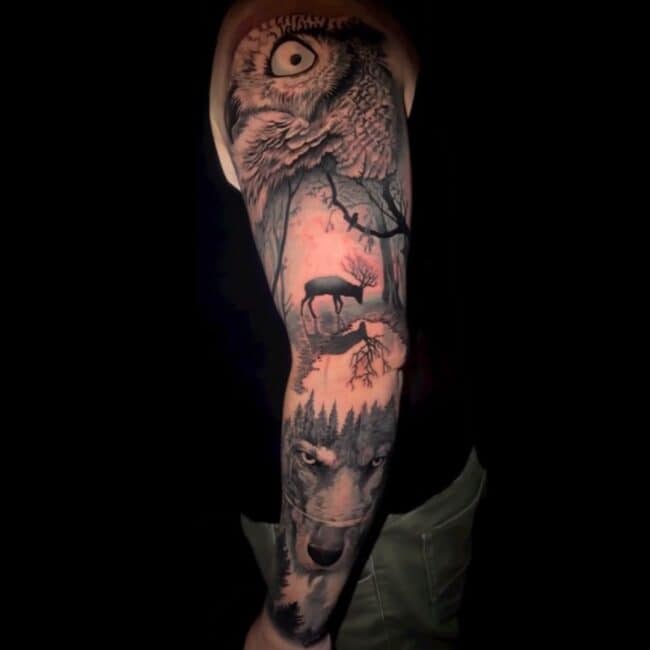 Sunny Tattoo Artist Colour Realism Deer Branch of Trees Detailed Antlers Reflection of Water with Bright Shadow Background Leaves Branches Owl with Big Eye Feathers Shoulder Arm Sleeve Tattoo