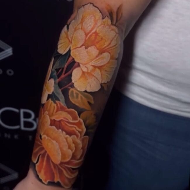 Sunny Tattoo Artist Realism Colour Blooming Floral Detailed Petals Leaves Stems Half Sleeve Forearm Tattoo
