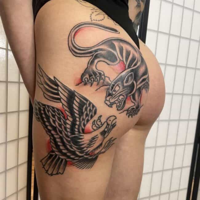 Traditional Black and Grey Panther Whole Body Eagle Detailed Whiskers Sharp Tooth Fierce Eyes Ears Tongue Nose Beak Claws Wings Feathers Side Hips Leg Buttocks Tattoo