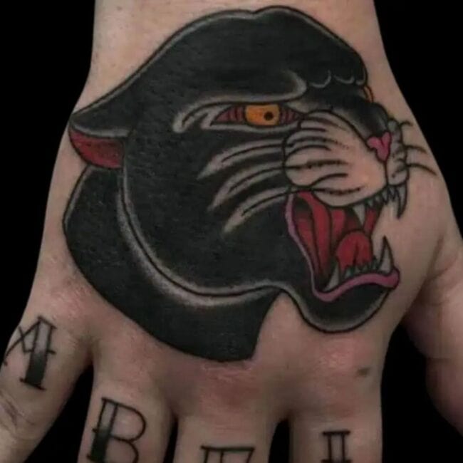 Traditional Blackwork Colour Portrait Panther Sharp Teeth Eyes Tongue Nose Whiskers Hand Tattoo