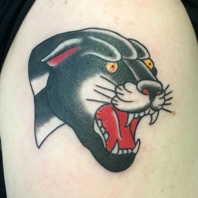 Traditional Blackwork Colour Portrait Panther Sharp Teeth Eyes Tongue Nose Whiskers Shoulder Arm Tattoo