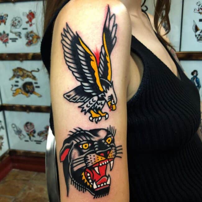 Traditional Colour Cartoon Head Panther Whole Body Eagle Detailed Whiskers Sharp Tooth Fierce Eyes Ears Tongue Nose Beak Claws Wings Feathers Shoulder Arm Tattoo