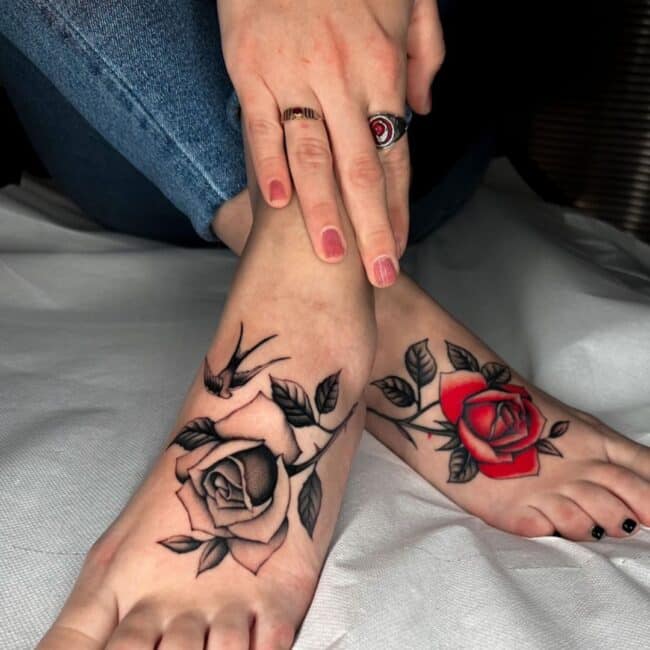 Traditional Colour Detailed Rose Thorns Flying Bird Leaves Stem Foot Tattoo Both Feet