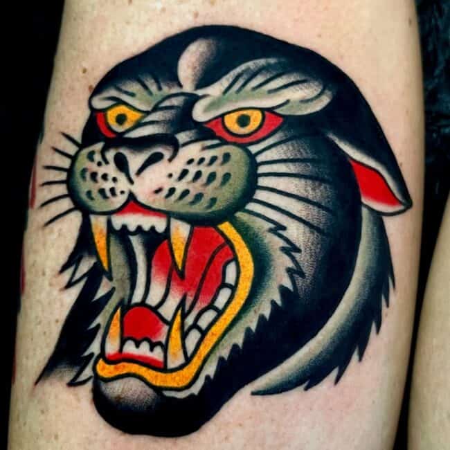 Traditional Colour Head Panther Detailed Whiskers Sharp Tooth Fierce Eyes Ears Tongue Nose Forearm Tattoo