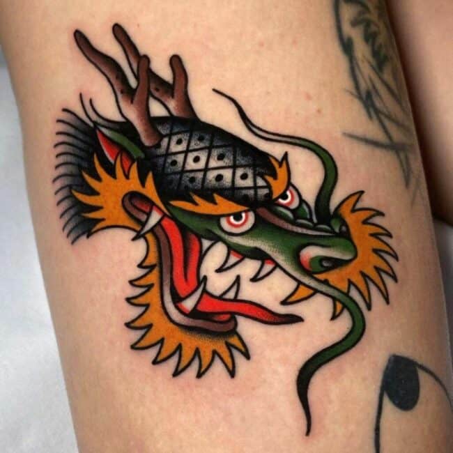 Traditional Colour Portrait Dragon Sharp Teeth Horns Scales Detailed Eyes Nose Mouth Whiskers Forearm Tattoo