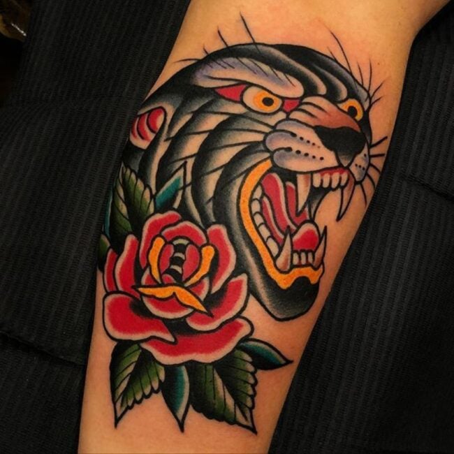 Traditional Colour Portrait Panther Detailed Whiskers Sharp Tooth Fierce Eye Ears Tongue Bloom Flowers Leaves Forearm Tattoo
