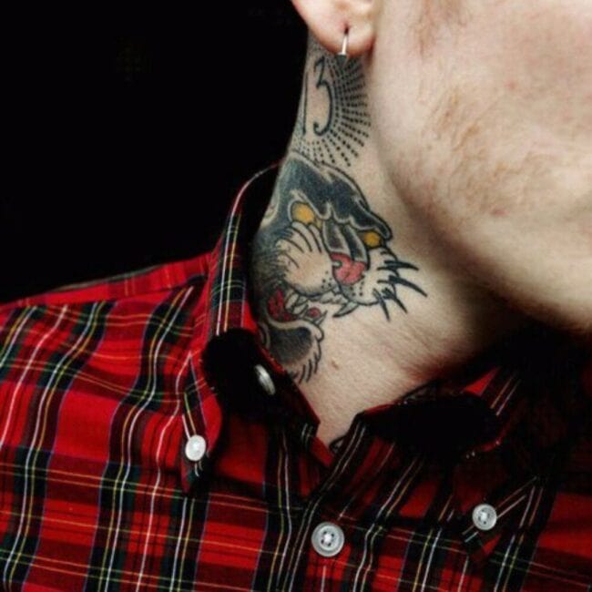 Traditional Colour Portrait Panther Detailed Whiskers Sharp Tooth Glowing Eyes Ears Tongue Nose Neck Tattoo